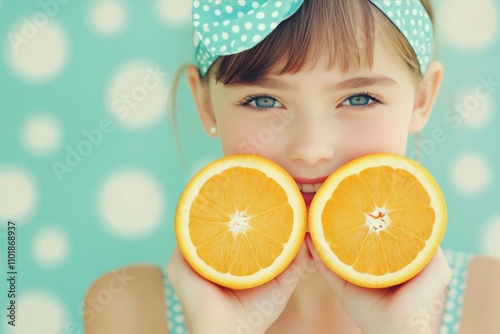 Woman holds fresh orange halves against wooden background in casual setting