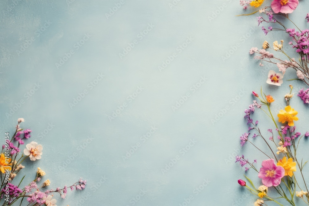 Floral arrangement with purple and white flowers on blue background for decoration purposes Floral arrangement with purple and white flowers on blue background for decoration purposes