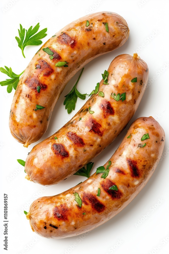 Three hot dogs are grilled and covered in parsley. The parsley is on top of the hot dogs and the hot dogs are on a white background Three hot dogs are grilled and covered in parsley. The parsley is on top of the hot dogs and the hot dogs are on a white background