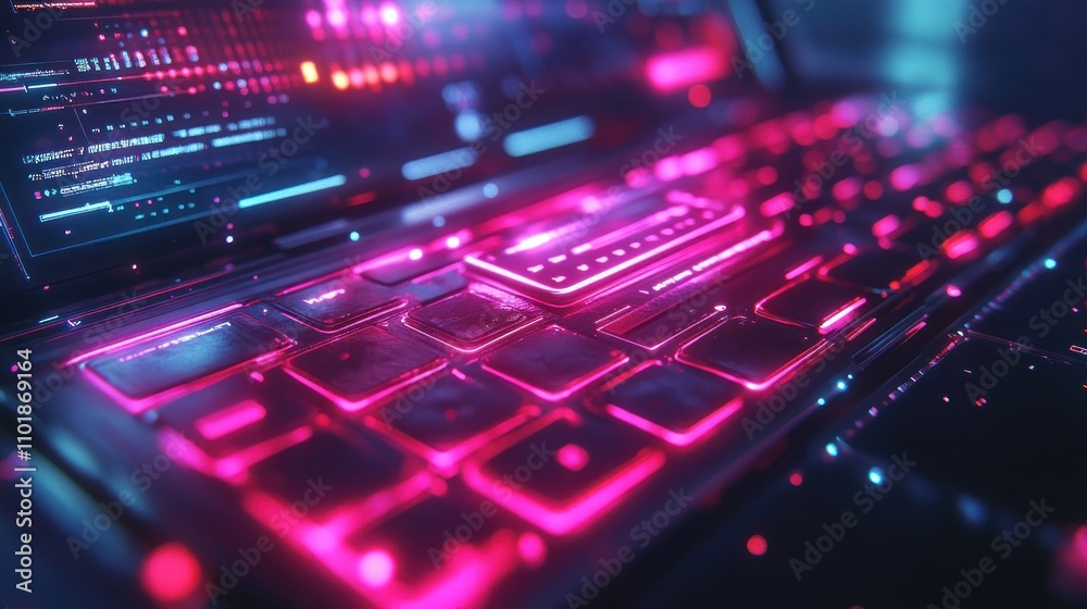 Futuristic glowing keyboard with vibrant pink and blue lights and digital interface. Futuristic glowing keyboard with vibrant pink and blue lights and digital interface.