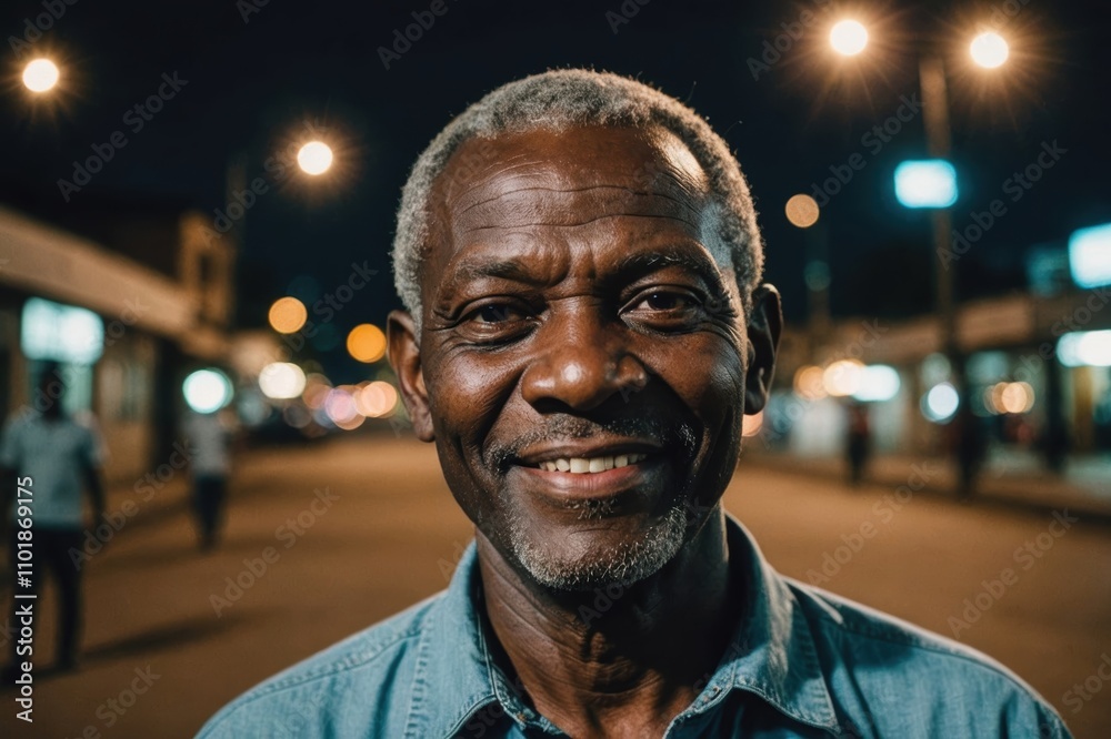 Close portrait of a smiling senior Zambian man looking at the camera, Zambian city outdoors at night blurred background