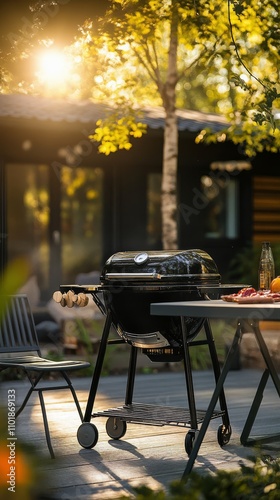 Cooking delicious vegetables on a barbecue grill during sunset in a peaceful ...