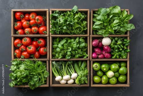 Fresh vegetables arranged in wooden boxes highlighting variety and color in c...