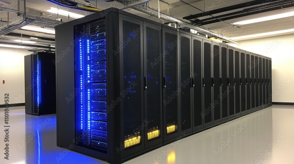 Glowing server racks in a sleek, modern data center with vibrant blue and yellow lighting, conveying innovation Glowing server racks in a sleek, modern data center with vibrant blue and yellow lighting, conveying innovation