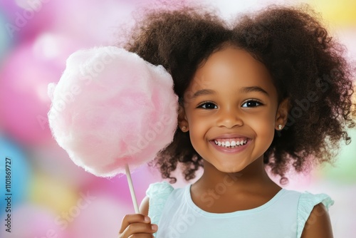 Young girl enjoying cotton candy in a sunny park during a cheerful afternoon