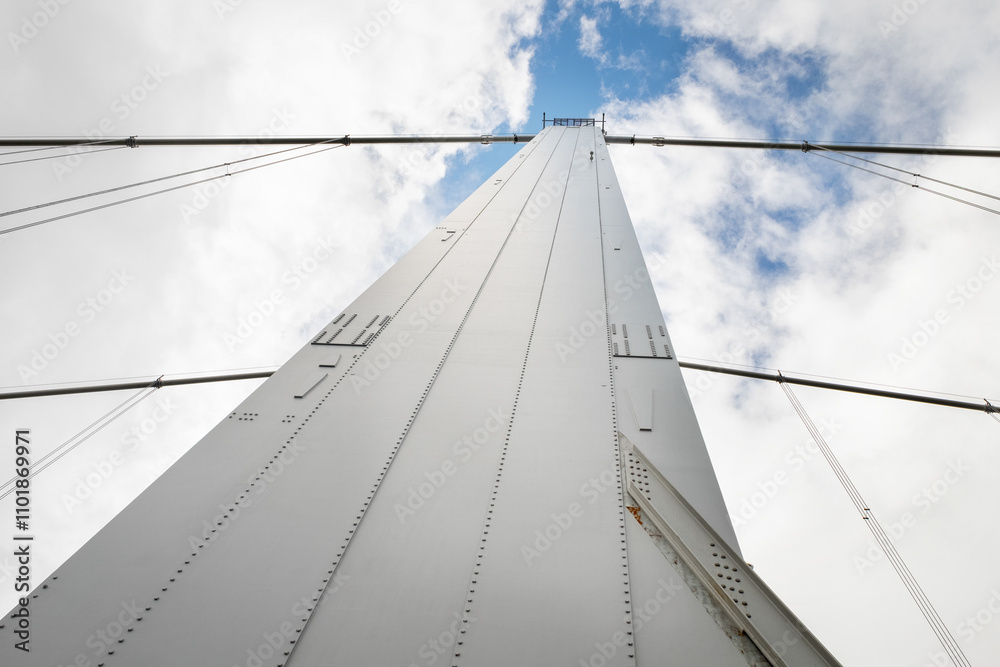 Obraz premium Detail of the Forth road bridge, showing the suspension cables and a support tower