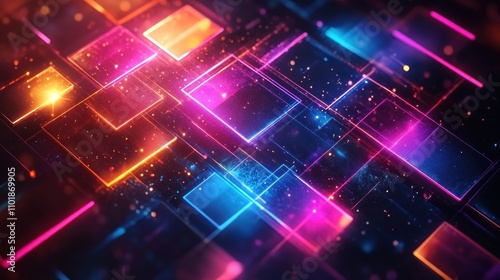 Abstract background with neon lights and glowing squares.