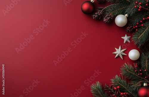 Festive decorations arranged on a bright red background for holiday celebrations