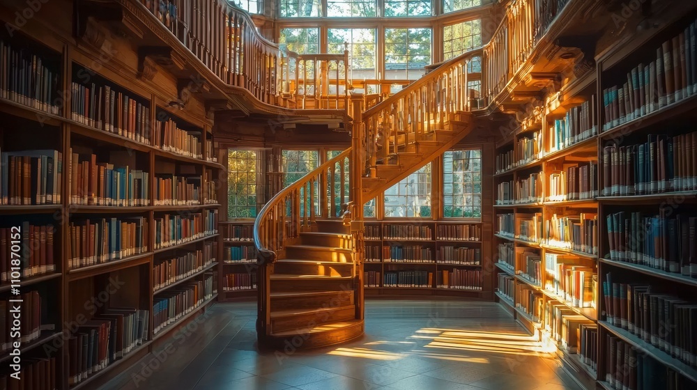 Discover endless knowledge in a serene library with spiral staircases and abundant books Discover endless knowledge in a serene library with spiral staircases and abundant books
