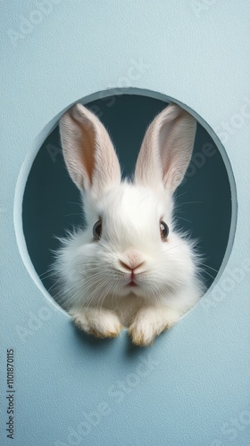 Cute white rabbit peeking through a round opening in a soft blue background