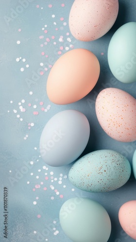 Decoratively colored Easter eggs arranged on a light blue wooden surface in s...