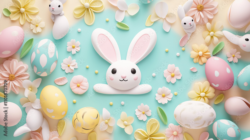 Obraz premium Colorful blue boiled Easter eggs are arranged in a row on a soft blue background, with flowers and a bunny accenting the scene. The design allows for space to add text or extra elements.