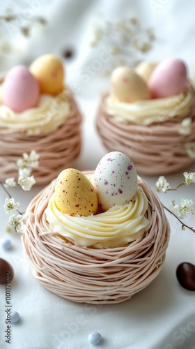 Beautiful dessert nests filled with colorful eggs for spring celebrations and...