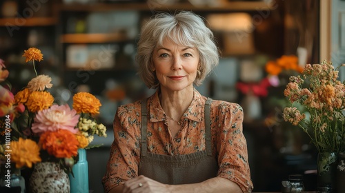 Elegant Mature Woman Surrounded by Vibrant Flowers in a Floral Shop photo