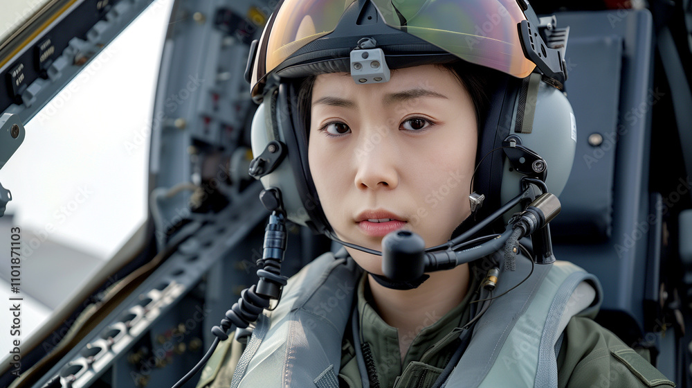 A young Asian woman girl pilot in military helicopter aircraft in helmet A young Asian woman girl pilot in military helicopter aircraft in helmet