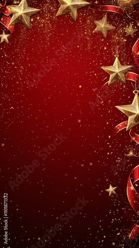 Festive holiday decoration with gold stars and red ribbons on a sparkling bac...