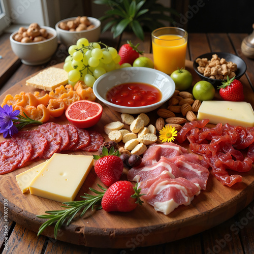 Elegant cheese and charcuterie board with fruits, nuts, and dipping sauce