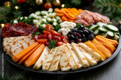 Colorful platter of assorted cheeses, meats, and vegetables arranged for fest...