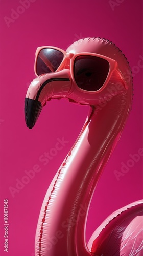 Inflatable flamingo wearing sunglasses against a vibrant pink background