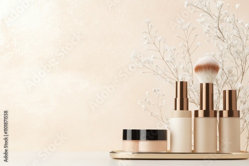 Essential makeup tools and products displayed on a tray against a soft pink b...