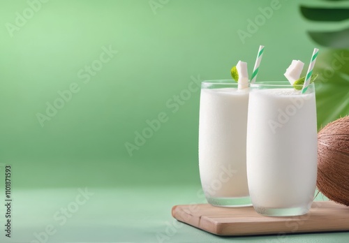 Refreshing coconut drinks served in glasses with decorative straws against a ...
