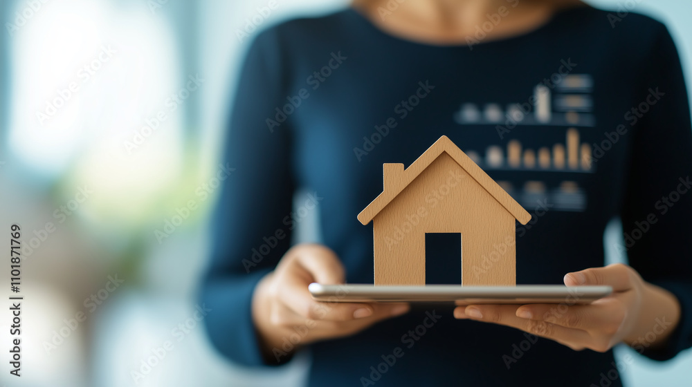 confident businesswoman holding house model and tablet with graphs