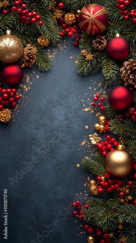 Festive winter decorations featuring ornaments and pine cones on dark background
