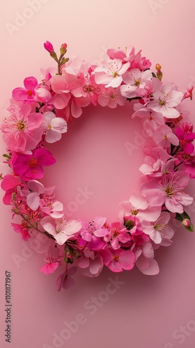 Beautiful floral wreath crafted from pink cherry blossoms against a soft pink...