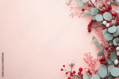 Decorative arrangement of Christmas ornaments and greenery on a light background