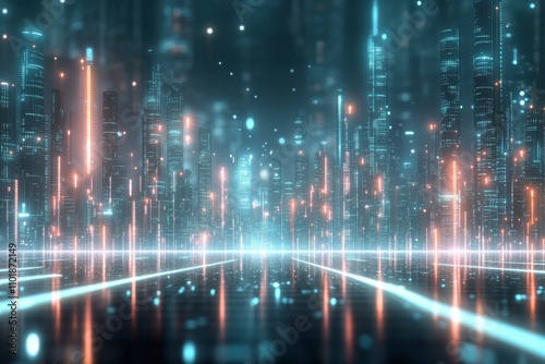Futuristic city skyline illuminated by neon lights and a digital landscape at...