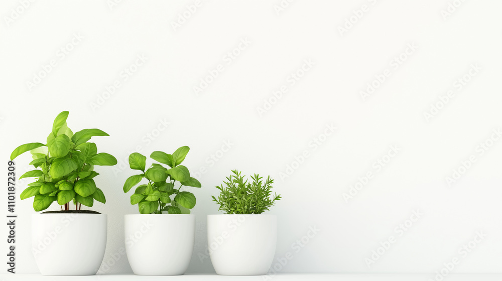 Fresh basil, mint, and rosemary in white pots on clean background Fresh basil, mint, and rosemary in white pots on clean background