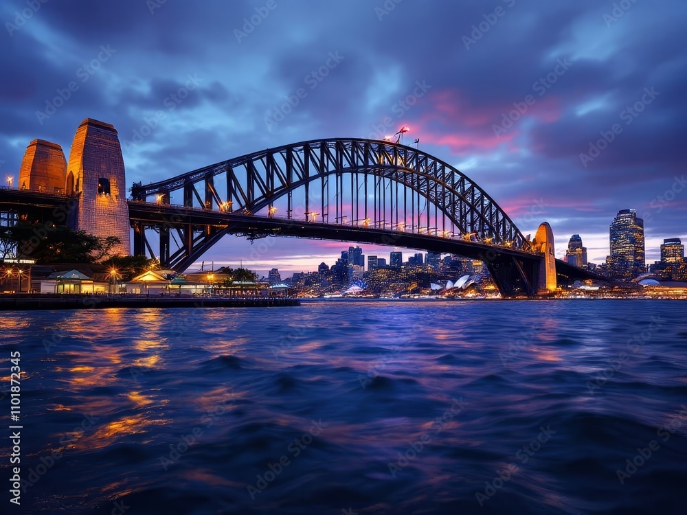 Sydney Harbour Bridge, illuminated at night, captured in stunning documentary photography. Sydney Harbour Bridge, illuminated at night, captured in stunning documentary photography.