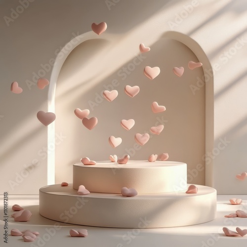 Romantic setting with floating heart shapes in a serene environment