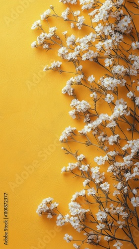Bright yellow background framed with delicate white flowers creates a cheerfu...