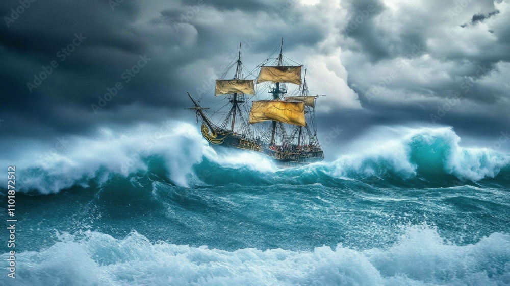 Naklejka premium Dramatic Pirate Ship Battling Stormy Waves Under Dark Clouds