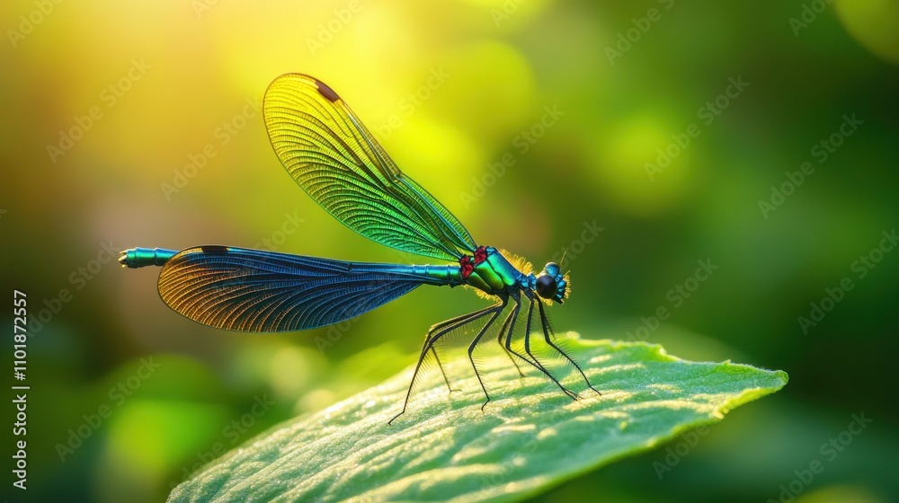 Iridescent Damselfly Perched on a Green Leaf in Sunlight Iridescent Damselfly Perched on a Green Leaf in Sunlight