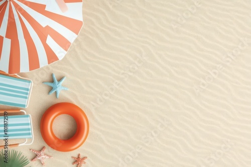 Bright beach accessories on sandy shore ready for summer relaxation and fun