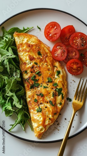 Delicious omelet with fresh tomatoes and arugula served on a white plate