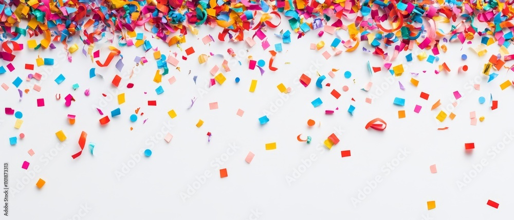 Background with colored confetti and streamers isolated on white background for birthday party or New Year's festivities and copy space Background with colored confetti and streamers isolated on white background for birthday party or New Year's festivities and copy space