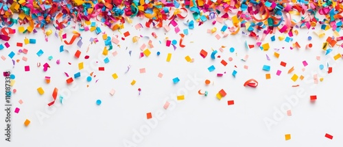 Background with colored confetti and streamers isolated on white background for birthday party or New Year's festivities and copy space