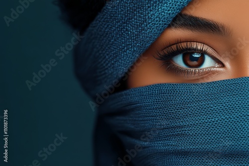 Woman wearing a blue face mask while standing outdoors in natural light durin...