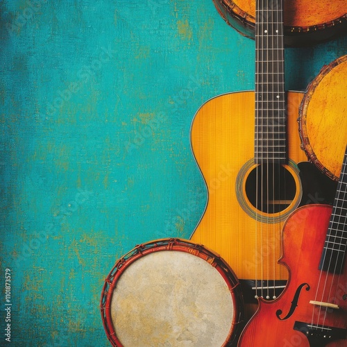 A vibrant, artistic arrangement of musical instruments, including a guitar, violin, and drums against a textured turquoise background.