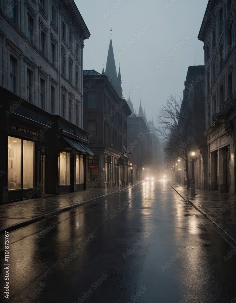 Misty urban street scene at dusk with reflections on wet pavement Misty urban street scene at dusk with reflections on wet pavement
