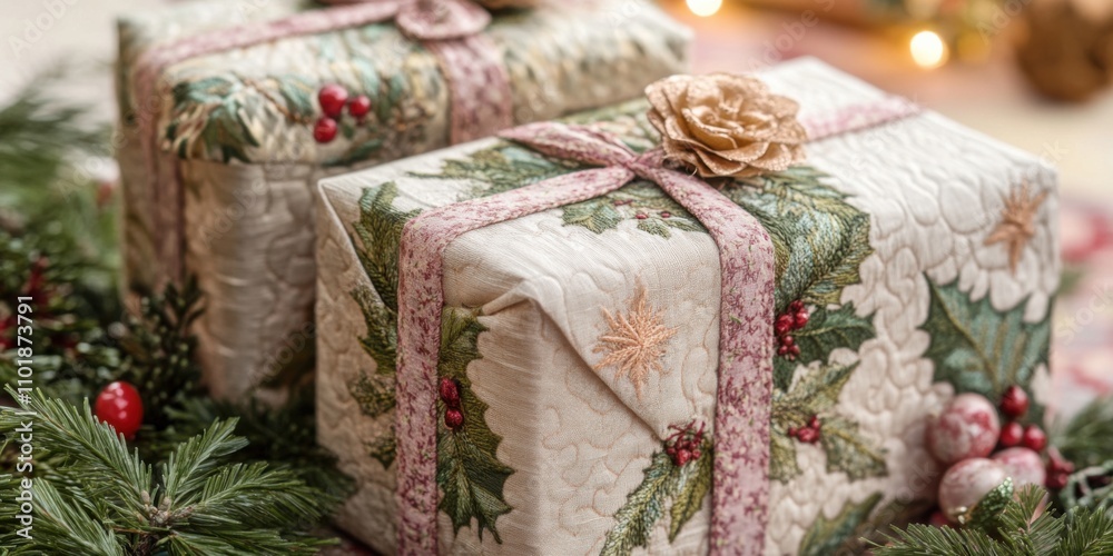 Christmas gift boxes with embroidered fabric wrapping and vintage-style embellishments Christmas gift boxes with embroidered fabric wrapping and vintage-style embellishments