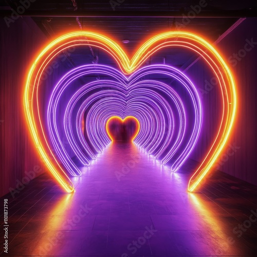 Colorful neon heart shaped tunnel creates an enchanting atmosphere for visitors