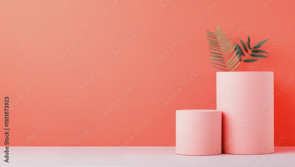 Pink cylindrical containers on a pastel background in a minimalist setting Pink cylindrical containers on a pastel background in a minimalist setting