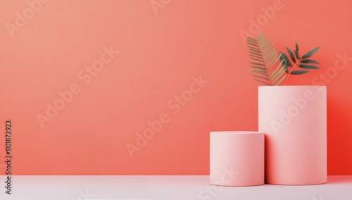 Pink cylindrical containers on a pastel background in a minimalist setting