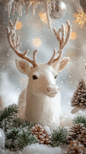 White reindeer decoration surrounded by festive greenery and snowflakes in a ...