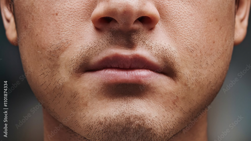 Close-up of a Face Skin with Rash, Irritation and Inflammation, sycosis, Folliculitis, Eczema, Impetigo, Contact dermatitis Close-up of a Face Skin with Rash, Irritation and Inflammation, sycosis, Folliculitis, Eczema, Impetigo, Contact dermatitis