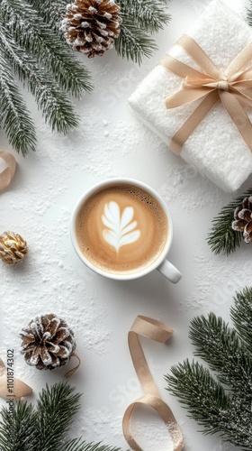 Warm coffee cup surrounded by pine cones and festive decorations in winter se...